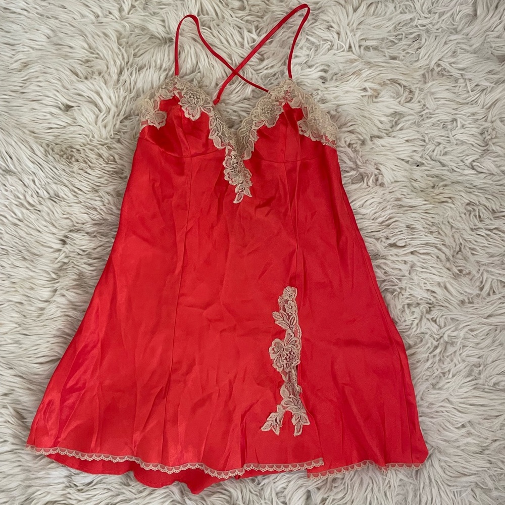 FREDERICKS OF HOLLYWOOD Coral orange red Trim Satin Slip Dress and robe small